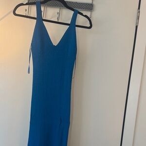 Guess Electric Blue Ribbed V-Neck Midi Dress